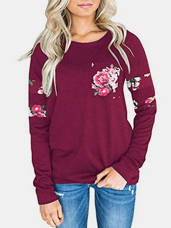 Weekend Offers That Sizzle OEM ODM Round Neck Floral Print Long Sleeve Bodycon Hem Burgundy T-Shirts