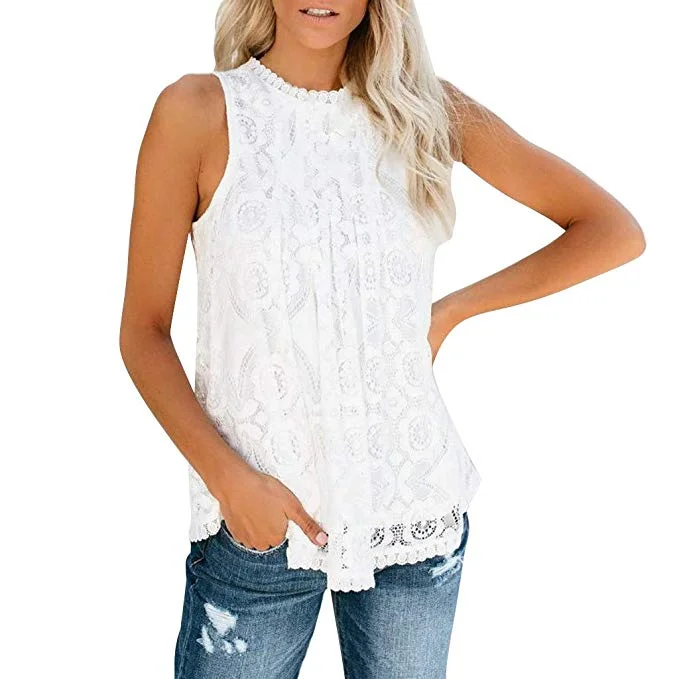 Women Lace Tops Casual Sleeveless/Long Sleeve O Neck Pleated Loose Hem Sexy Tank Top Blouse Shirt