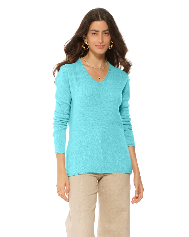 Women's Ultra-Light Cashmere V-Neck Sweater Cyan by Monticelli Cashmere