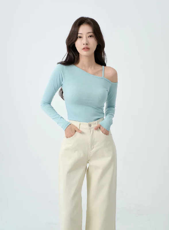 Half Price Unbalance Thin Strap Off-Shoulder T-Shirt IO24