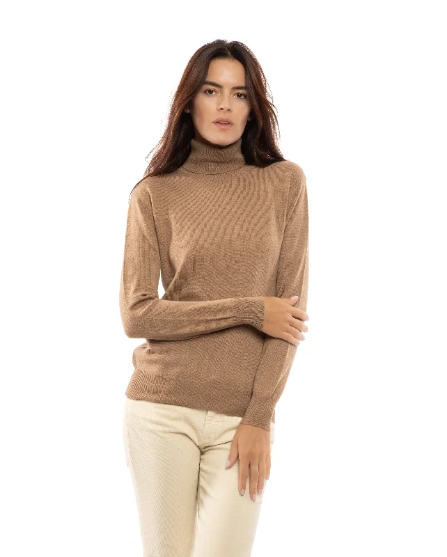 NEW FALL 24 - Women's Pure Cashmere Turtleneck Sweater Camel by Monticelli Cashmere