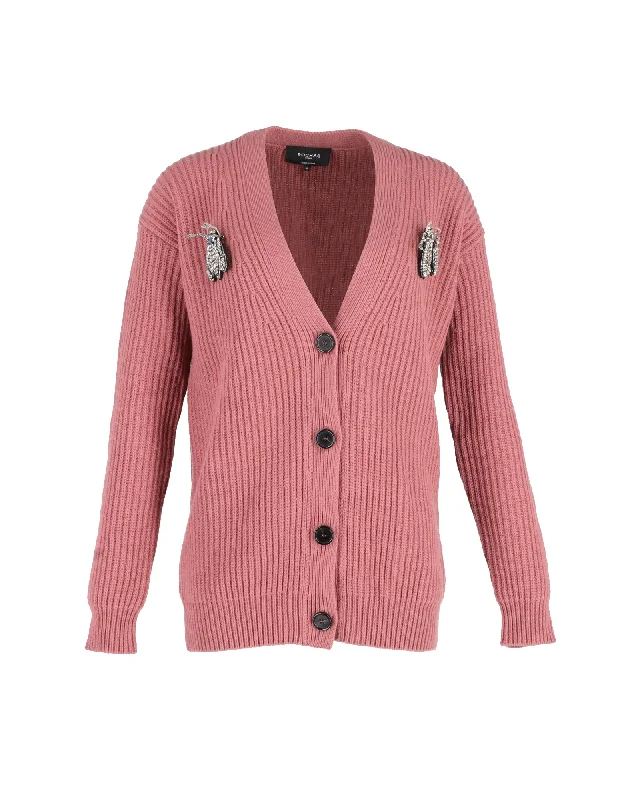 Weekend Bargains to Cherish Rochas Bug Brooch Knitted Cardigan in Pink Cotton Wool