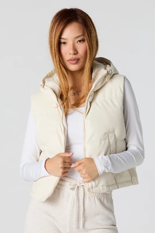 Faux Leather Hooded Puffer Vest