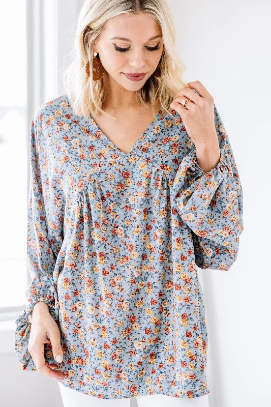 Weekend Deals to Make You Happy Keep You In My Heart Dusty Blue Ditsy Floral Top