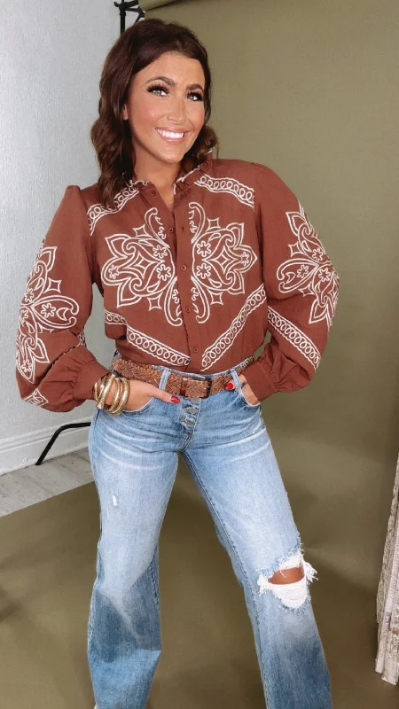 Weekend Shopping Made Better Sundance Ruffle Embroidered Button Up Top, Mocha