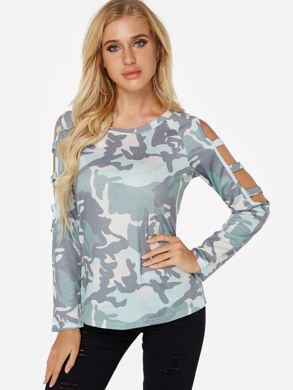 Instant Deal Custom Cold Shoulder Cut Out Long Sleeve Camo Top