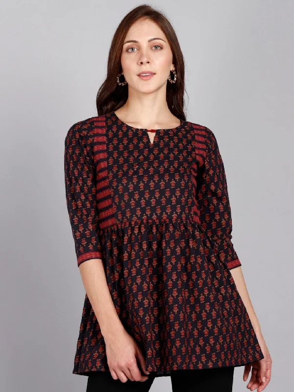 Markdown Sale Printed Pure Cotton Peplum Top - Navy Blue