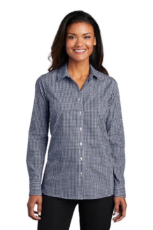 Hot Buy Port Authority Womens Broadcloth Gingham Wrinkle Resistant Long Sleeve Button Down Shirt - True Navy Blue/White - Closeout