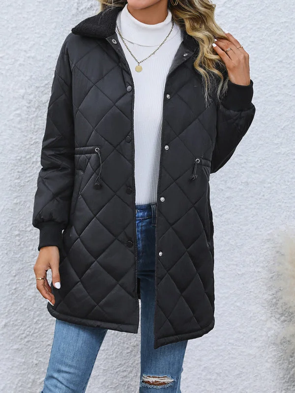 Women's Button Waist Quilted Fur Collar Lapel Jacket