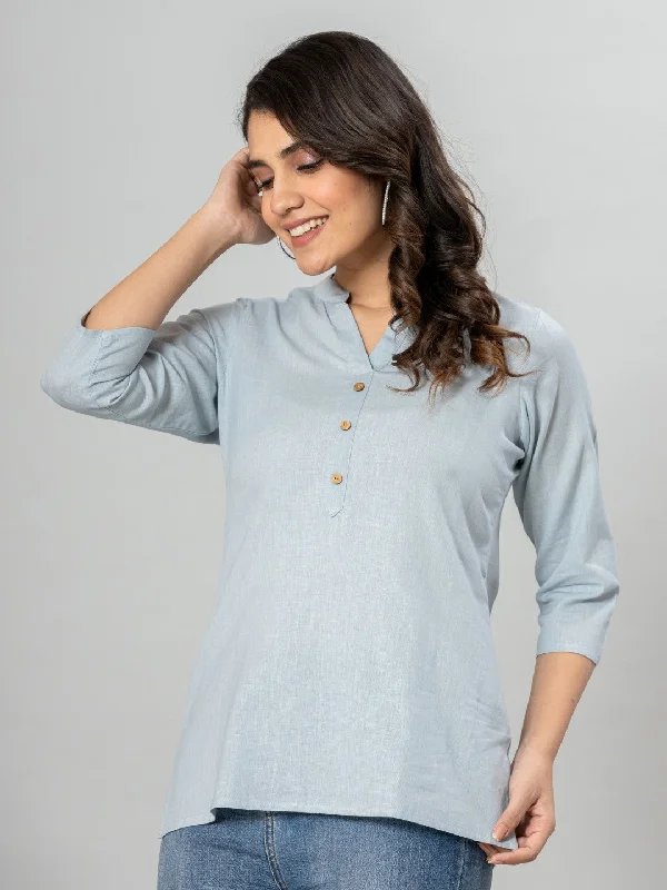Weekend Extravaganza: Shop Now Solid Cotton Flax Women Top - Light Blue