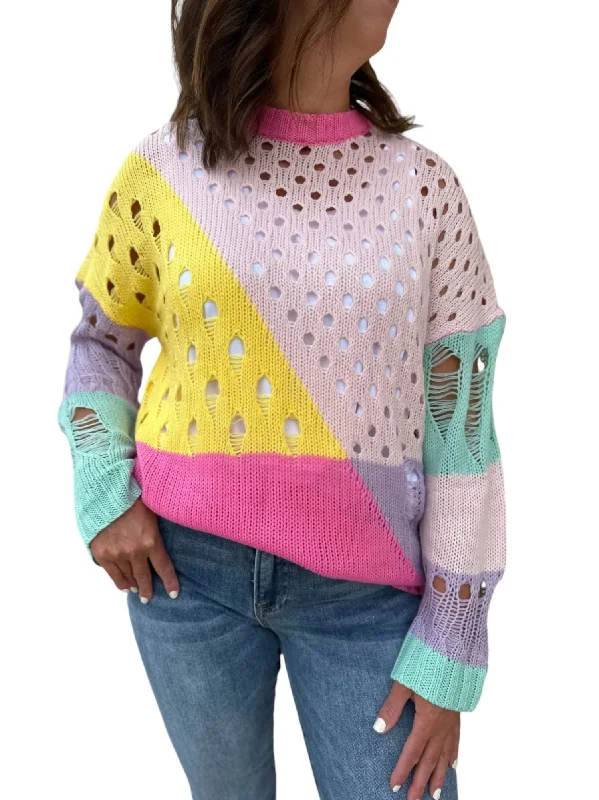 Reduced Price Distressed Detail Pullover Sweater In Pastel Color Block