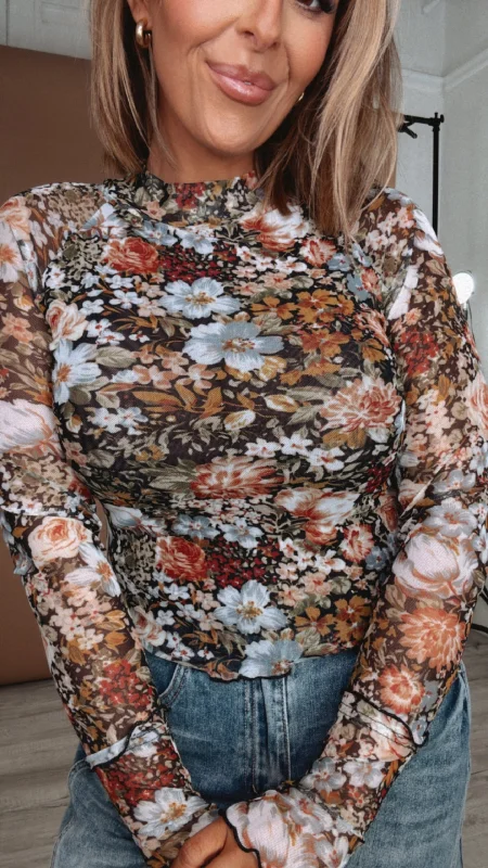 Sale Alert Floral Print Mesh Top, Black