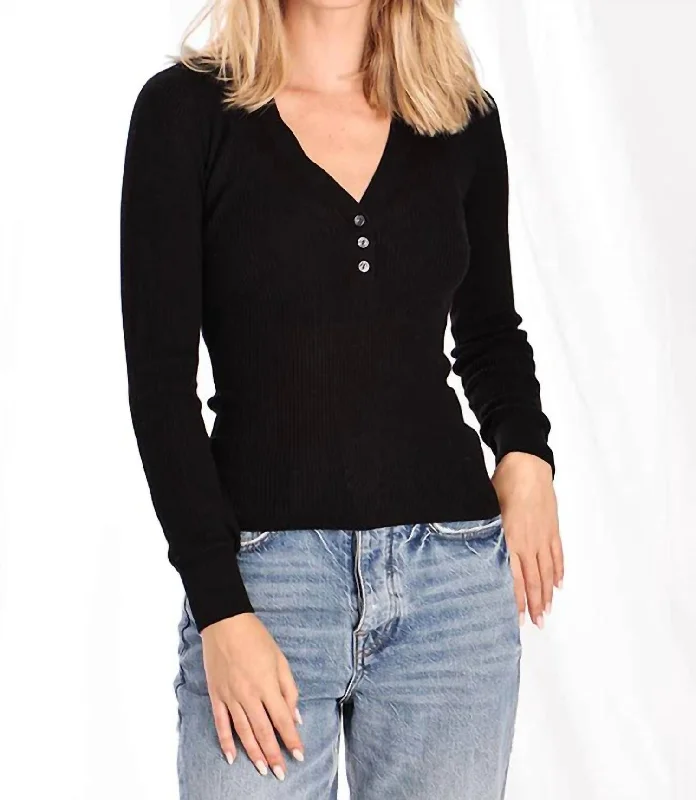 Unbeatable Prices Fine Silk/cashmere Henley Long Sleeve Top In Black