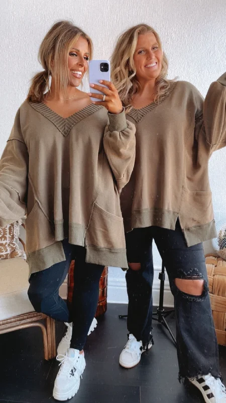 Weekend Discounts to Snag Live in it Oversized V Neck Sweatshirt, Olive