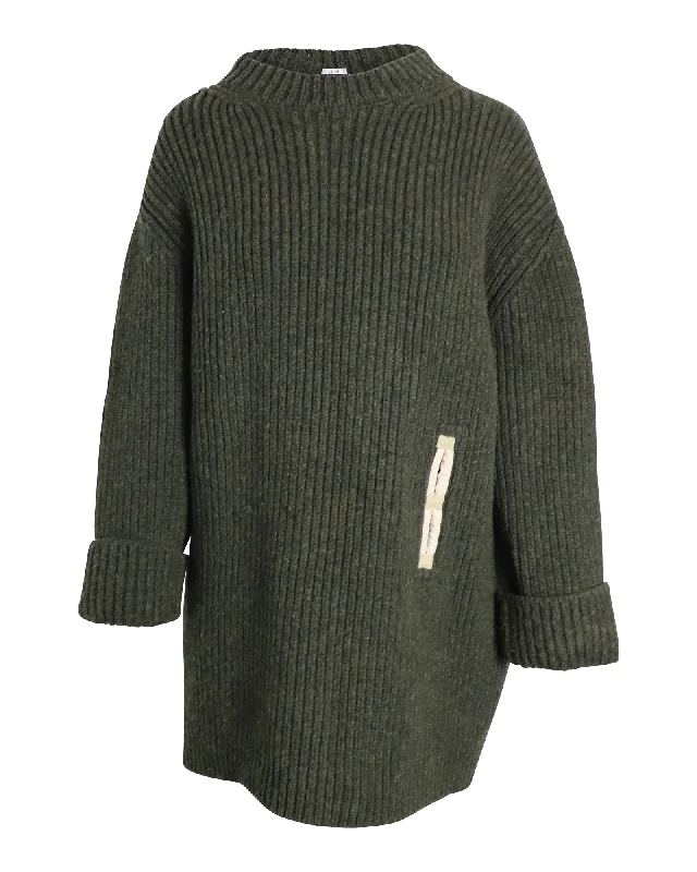Super Bargain Celine Contrast Pocket Chunky Sweater in Olive Wool
