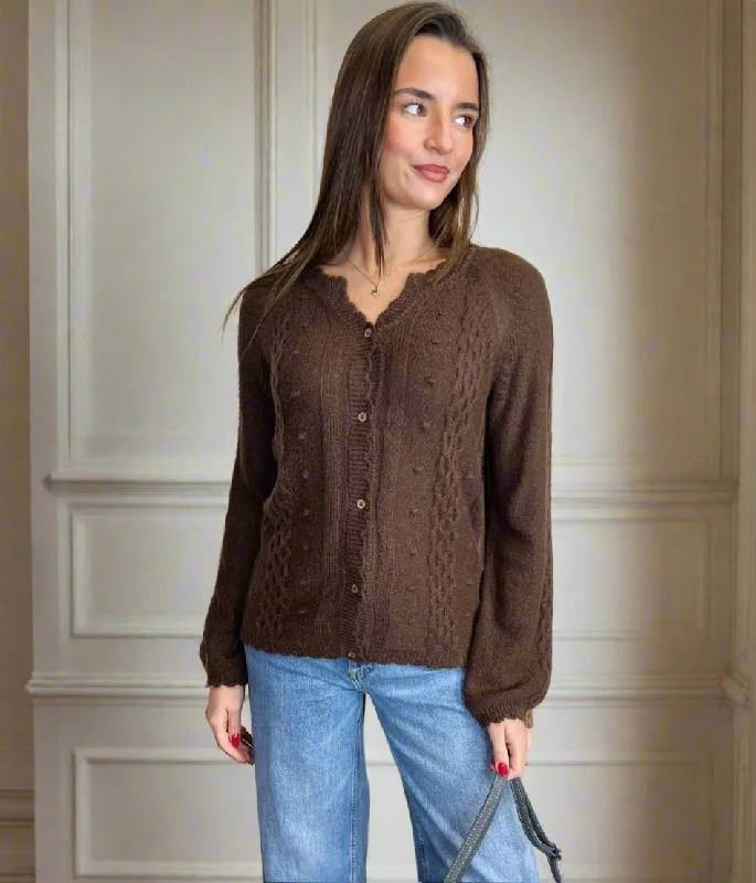 Brown Bobble Trim Cardigan