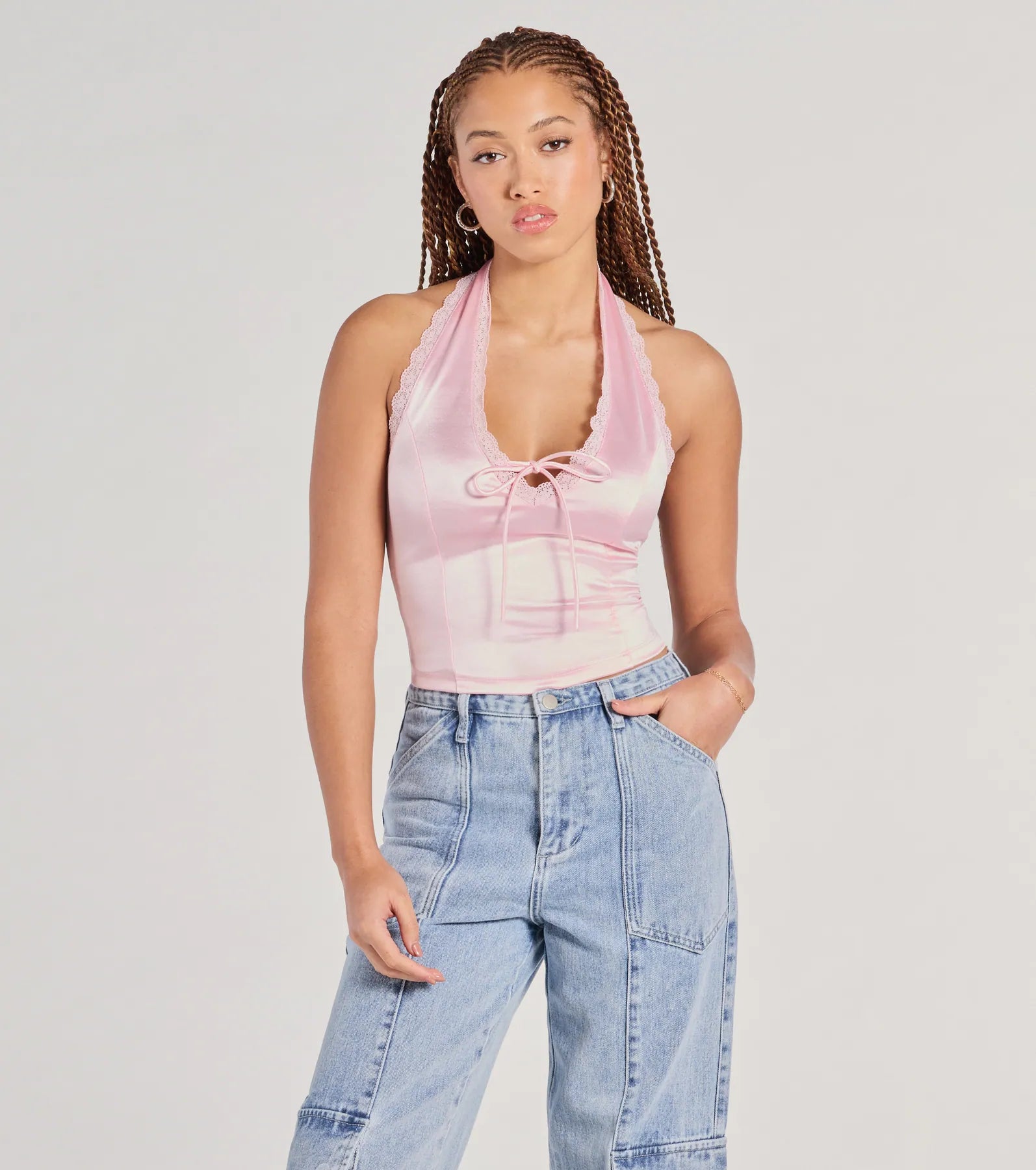 Exclusive Offer Lace Be Real Halter Satin Crop Top