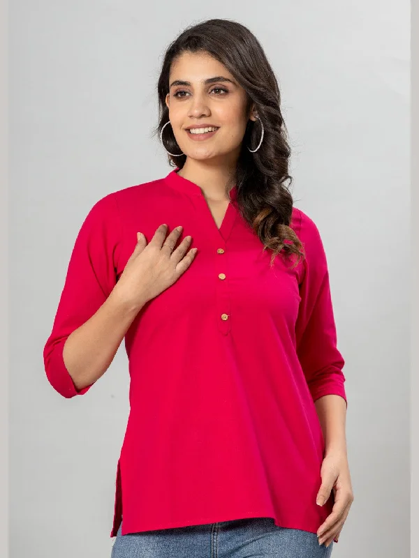 Weekend Offers That Please Solid Cotton Flax Women Top - Rani Pink