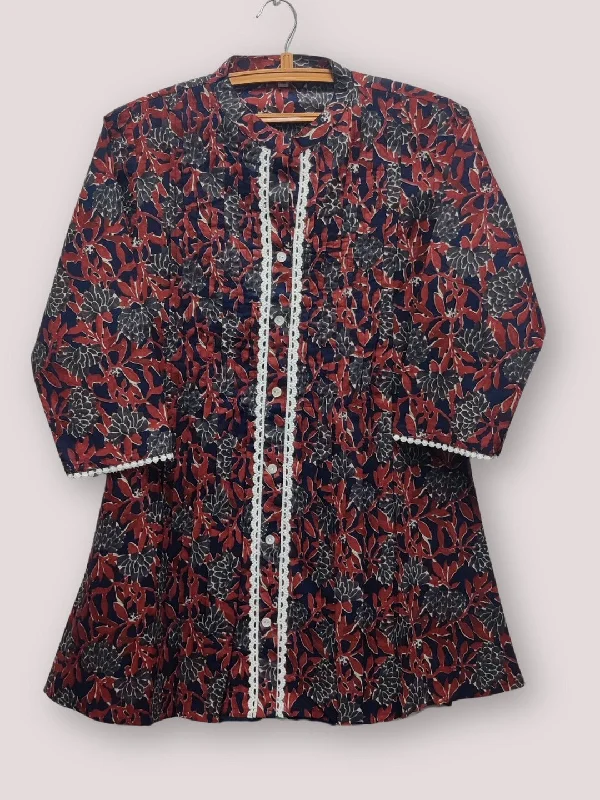 Weekend Wonders Await! Cotton Printed Pleted Top with Lace detail - Navy