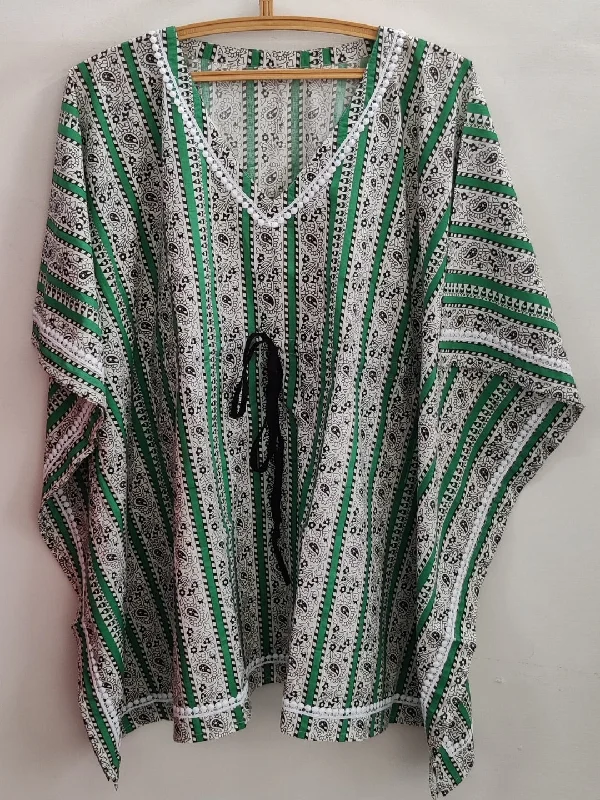 Best Seller Pure Cotton Stripes Printed Kaftan Top - Green