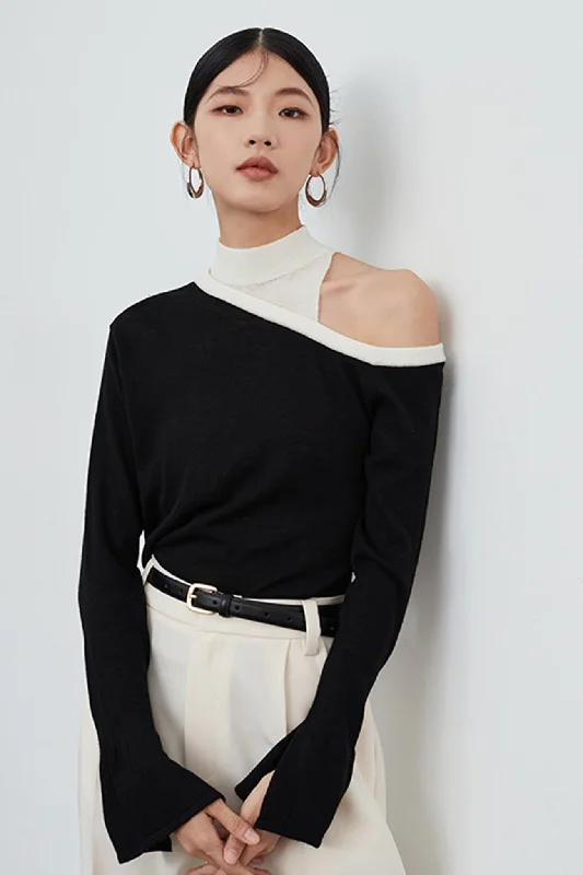 Weekend Deals to Make You Smile One Shoulder Flare Sleeve Patchwork Tops