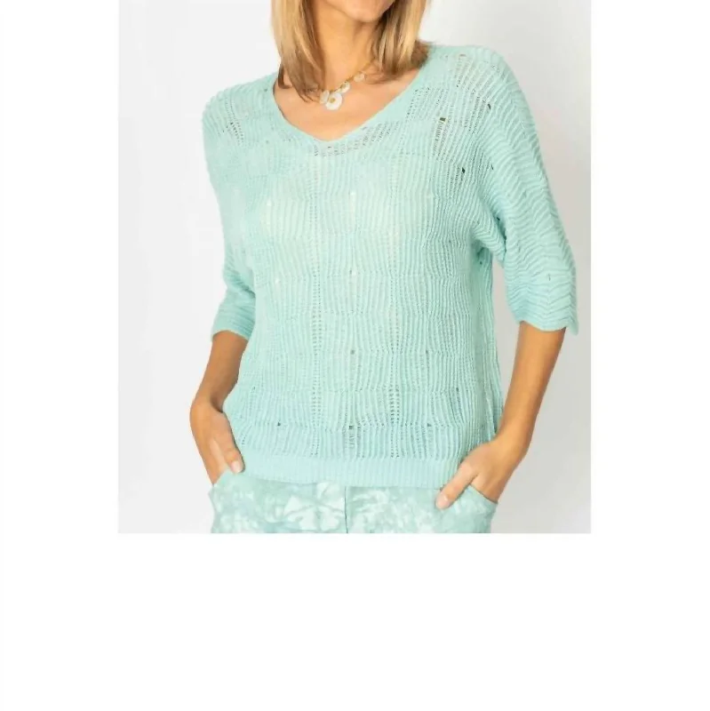 The Best Prices Chic Breeze V Neck Open Weave Sweater In Aqua