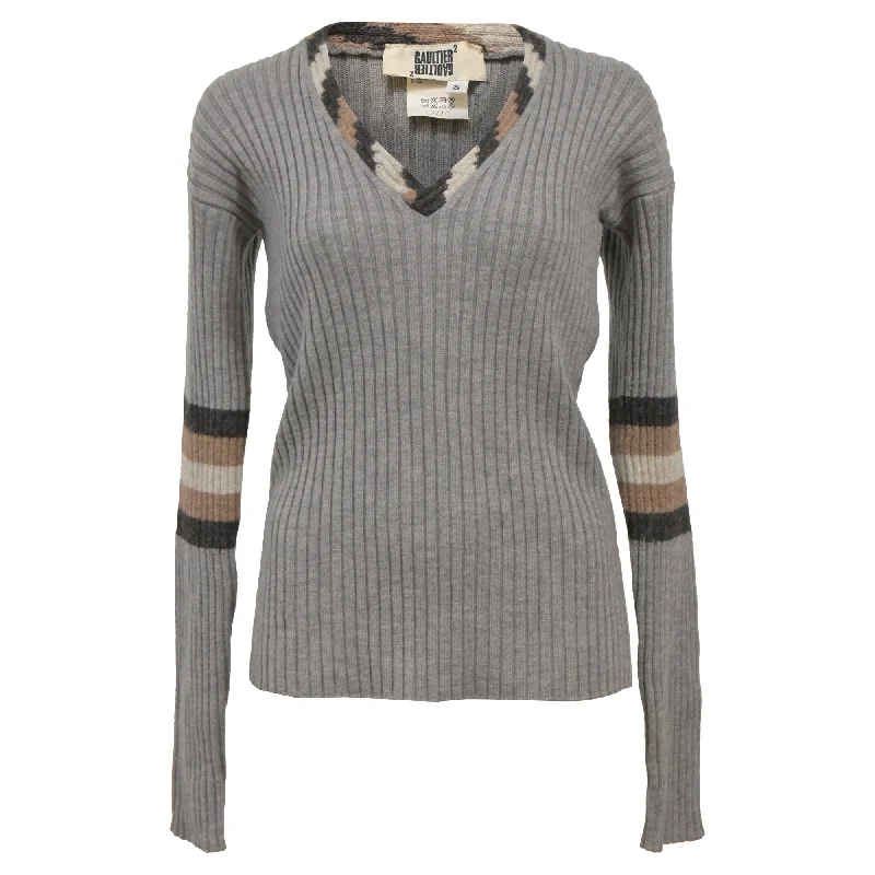 Weekend Offers That Dazzle Jean Paul Gaultier Ribbed Knit V-Neck Sweater in Grey Wool