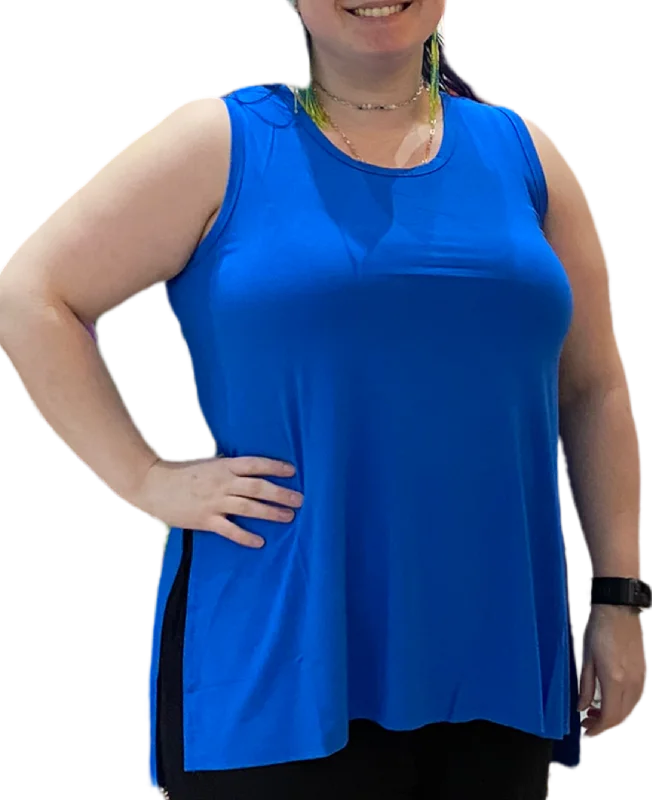 Act Now Deep Sky Blue Bamboo Long Slit Hi Lo Tank Top