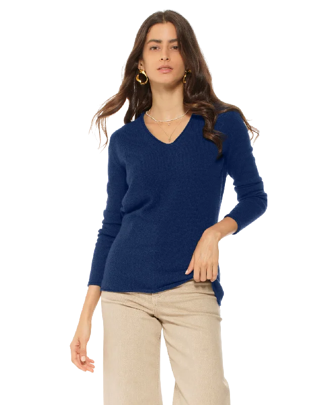 Women's Ultra-Light Cashmere V-Neck Sweater Medium Blue by Monticelli Cashmere