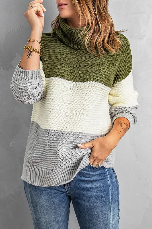 Weekend Offers That Excite Color Block Turtleneck Long Sleeve Sweater