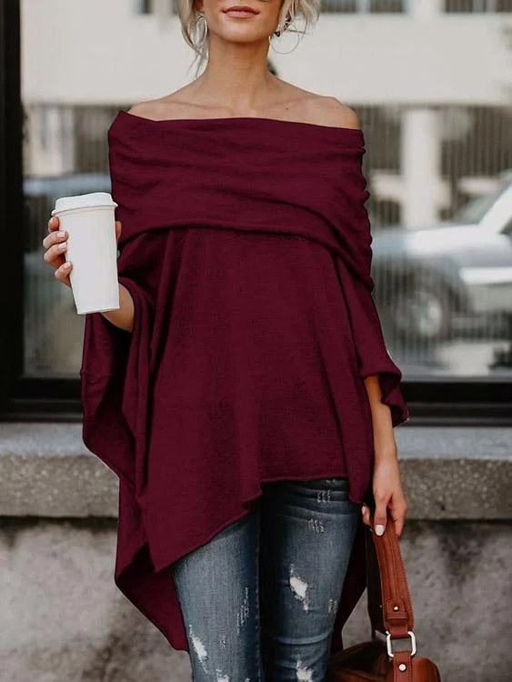 Weekend Special OEM ODM Off The Shoulder Cape 3/4 Sleeve Irregular Hem Burgundy Top