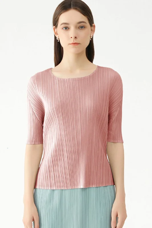 Big Deal Solid Color Full Pleated Short Sleeve Top
