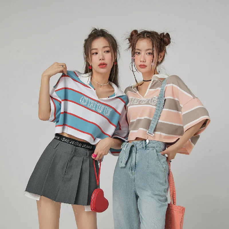 Weekend Offers That Shine V-Neck Stripe Crop T-Shirt