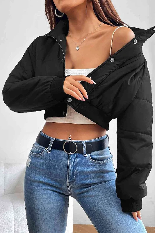 Snap and Zip Closure Crop Puffy Sexy Winter Coat