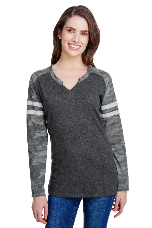 LAT Womens Gameday Mash Up Fine Jersey Long Sleeve V-Neck T-Shirt - Vintage Smoke Grey/Camo