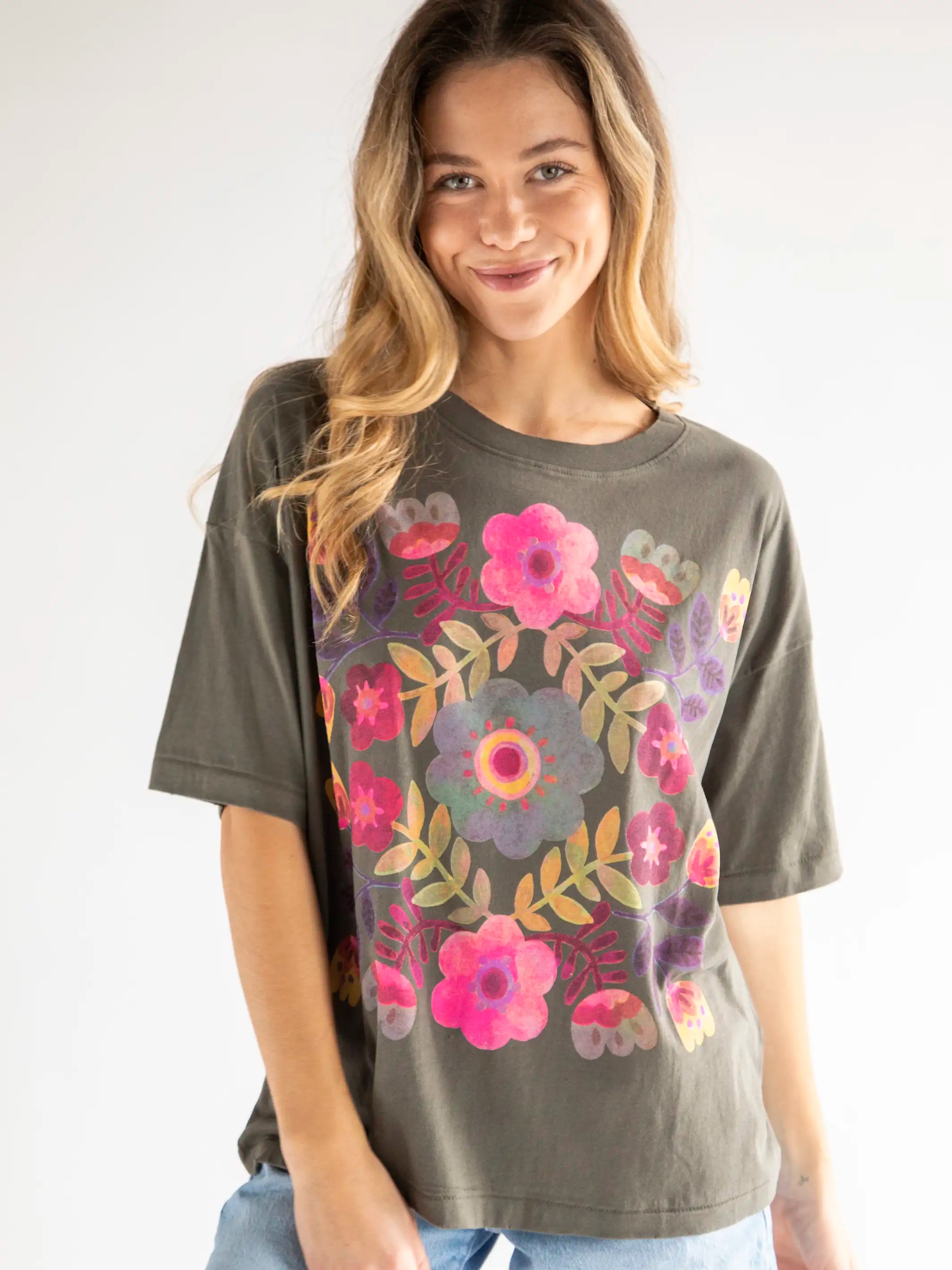 Remi Distressed Cotton Tee - Folk Flower