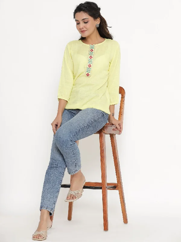 New Deal Embroidered Solid Elasticated Top - Lemon Yellow