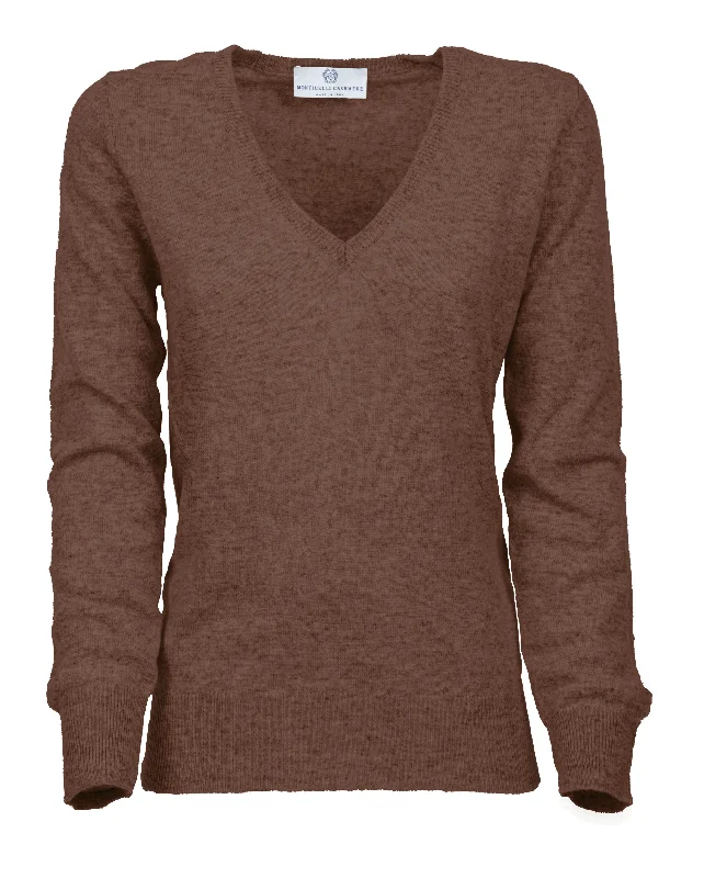 NEW FALL 24 - Women's Pure Cashmere V-Neck Sweater Brown by Monticelli Cashmere