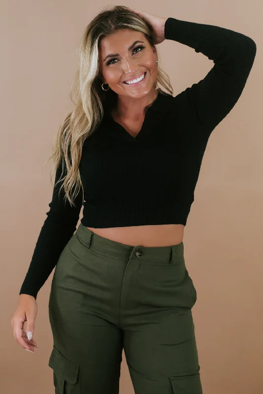 Heading Out V Neck Cropped Sweater, Black