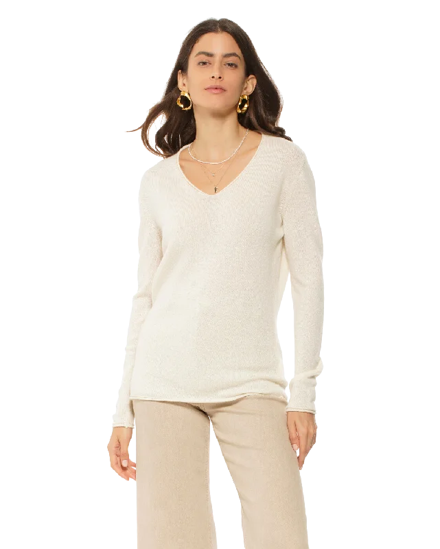 Special Buy Women's Ultra-Light Cashmere V-Neck Sweater Milk White by Monticelli Cashmere