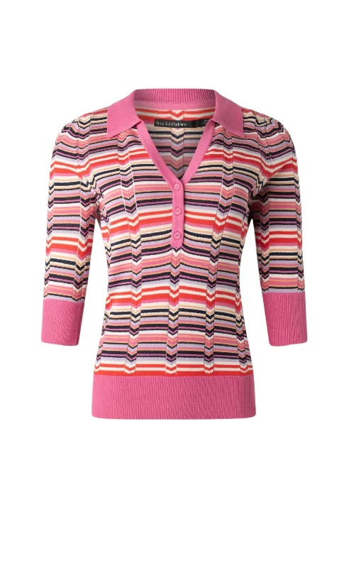 Weekend Specials to Savor Women's V Neck Polo With Contrast Rib Sweater In Pink Multi
