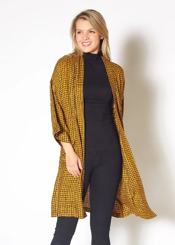 Weekend Bargains Await You Gingham Kimono Cardigan in Mustard Dark Navy Checker