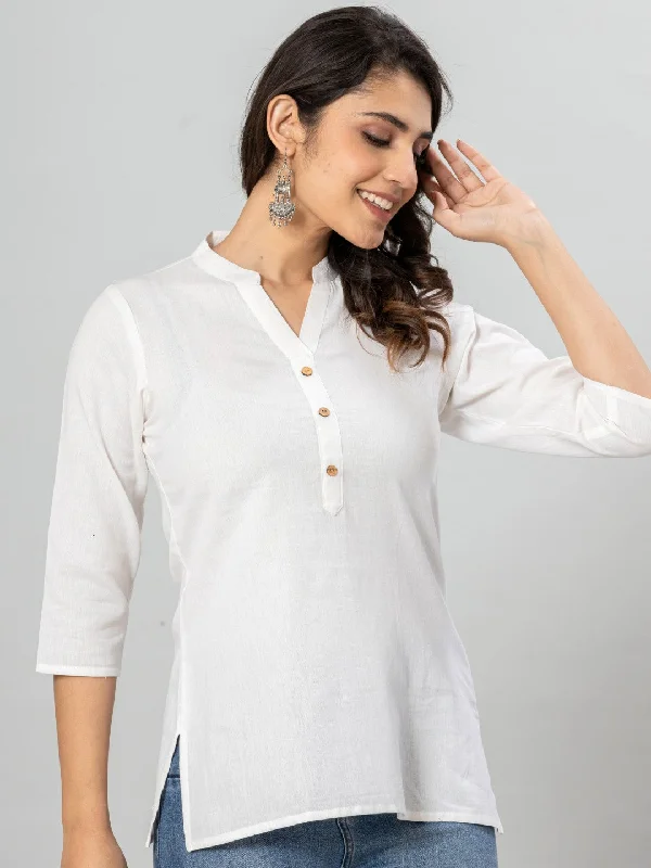 Weekend Deals to Make You Smile Solid Cotton Flax Women Top - White