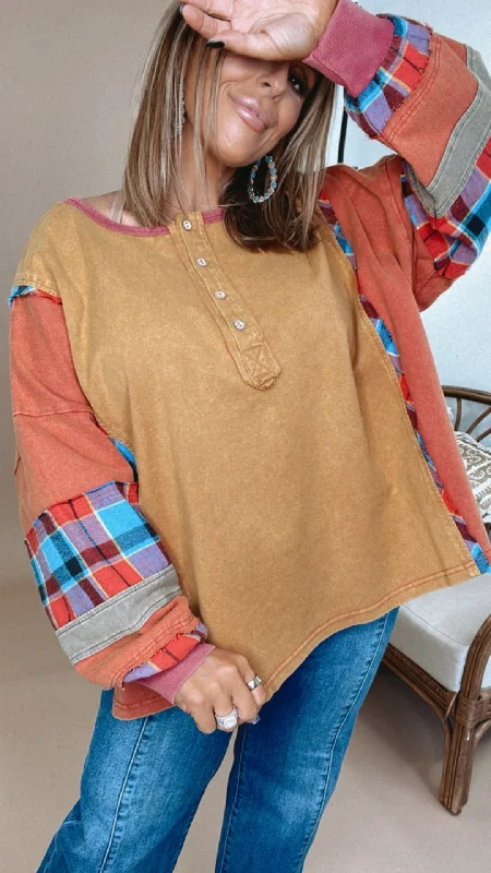 Weekend Deals That Impress Vintage Days Patchwork Long Sleeve Top, Camel