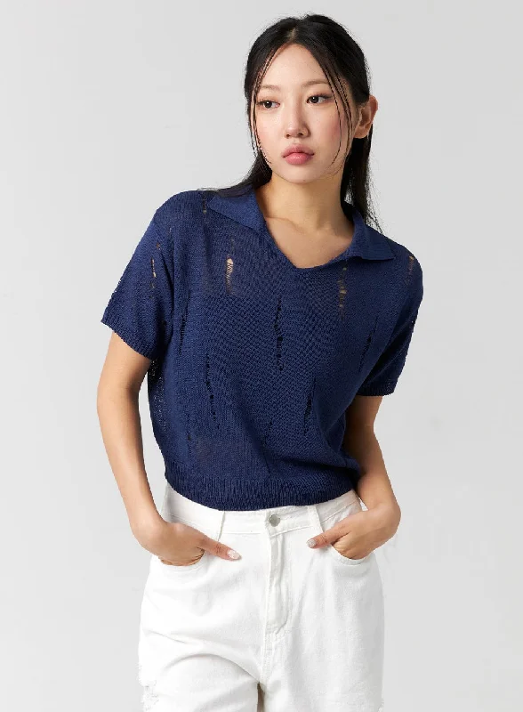 Crazy Savings Collared Ripped Short Sleeve Top CG310