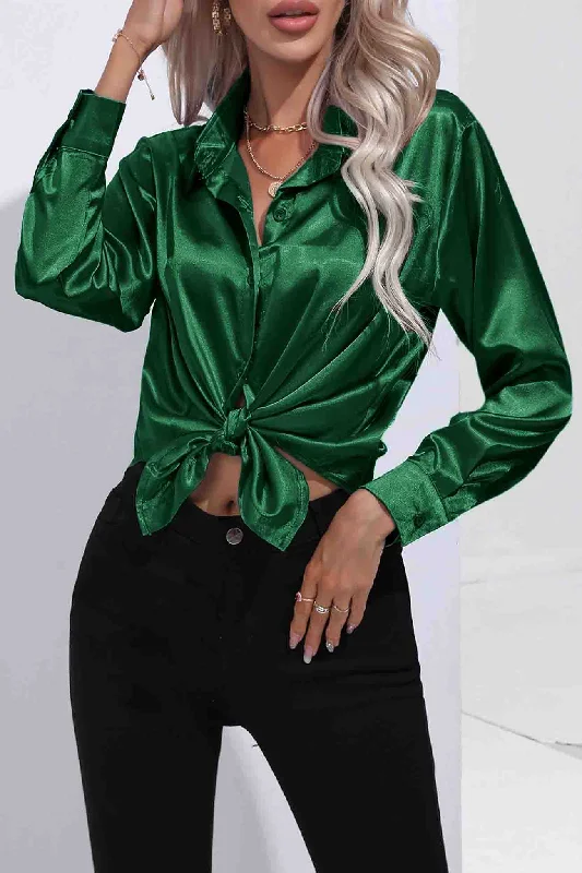 Lapel Satin Button Up Blouse