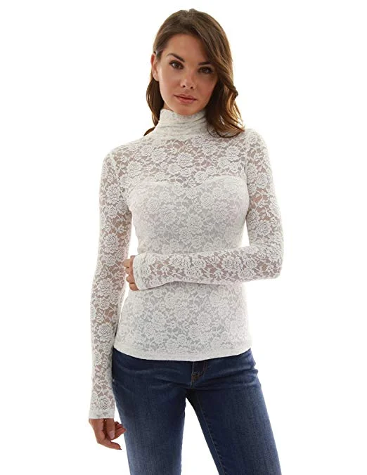 Women Turtleneck Sheer Lace Blouse