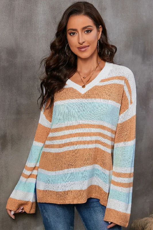 Weekend Specials to Cherish Striped V-Neck Knit Top