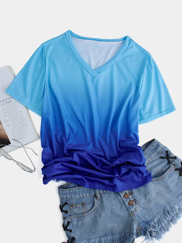 Crazy Deal OEM ODM V-Neck Plain Short Sleeve Curved Hem Blue T-Shirts