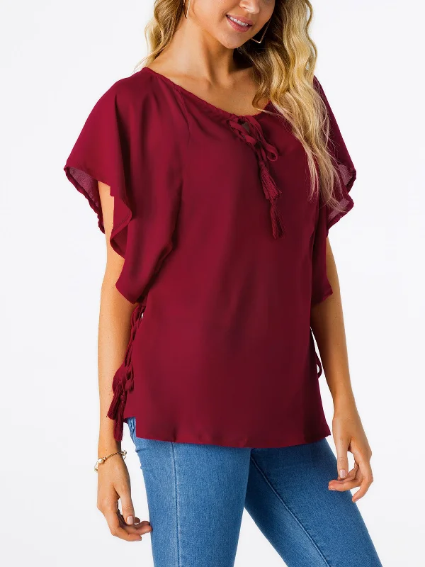 Weekend Savings Fiesta OEM ODM Round Neck Plain Lace-Up Cut Out Short Sleeve Burgundy T-Shirts